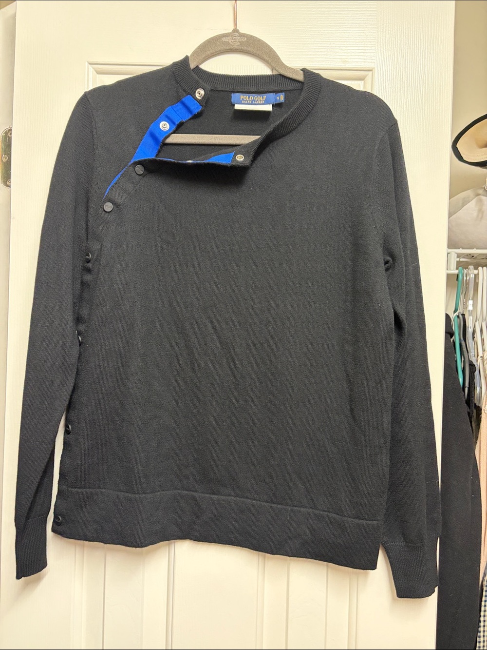 Polo Ralph Lauren Golf Black Crewneck Sweater with Blue Snap Placket